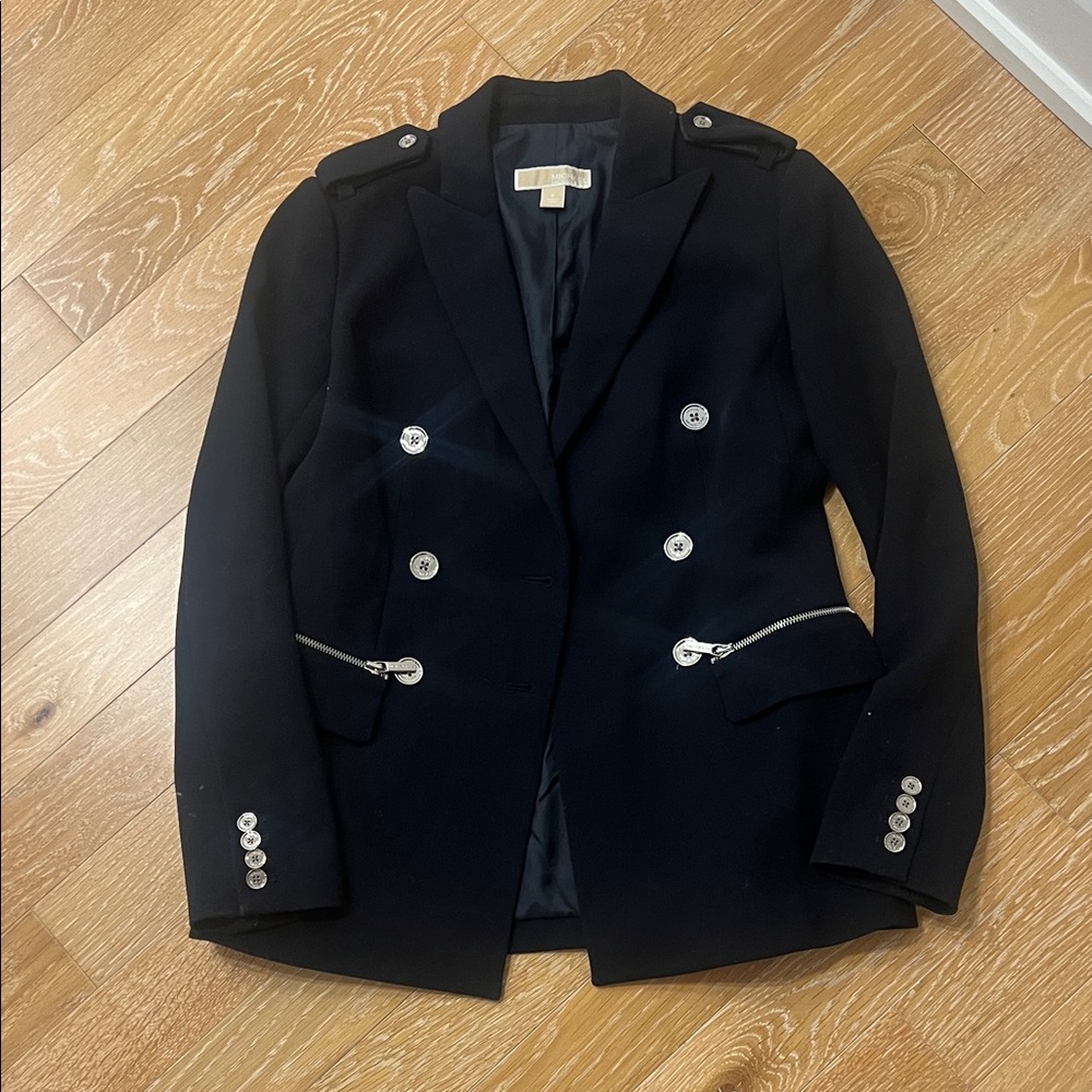 Navy blue Double-Breasted Blazer with Silver Buttons. Front pockets with zippers